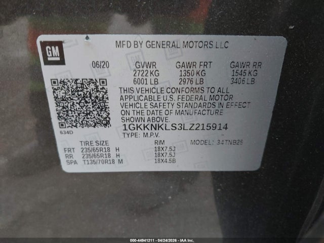 Aukcja sprzedaży 2020 Gmc Acadia Fwd Sle, vin: 1GKKNKLS3LZ215914, numer aukcji: 44941211
