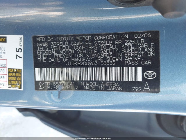 44941226 :رقم المزاد ، JTDKB20U963158832 vin ، 2006 Toyota Prius مزاد بيع