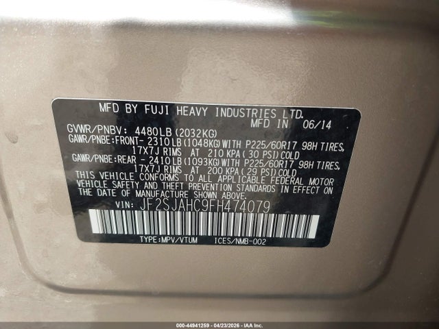 Продаж на аукціоні авто 2015 Subaru Forester 2.5i Limited, vin: JF2SJAHC9FH474079, номер лоту: 44941259