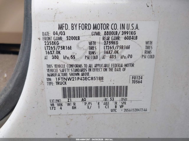 Продаж на аукціоні авто 2003 Ford F-250 Lariat/xl/xlt, vin: 1FTNW21P43EC85188, номер лоту: 44941267