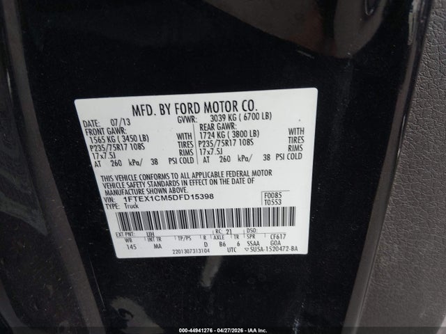 Продажа на аукционе авто 2013 Ford F-150 Xlt, vin: 1FTEX1CM5DFD15398, номер лота: 44941276