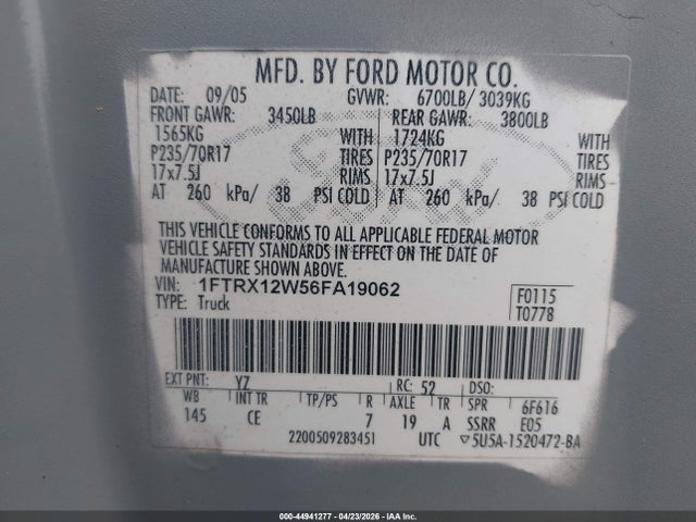 Продажа на аукционе авто 2006 Ford F-150 Stx/xl/xlt, vin: 1FTRX12W56FA19062, номер лота: 44941277