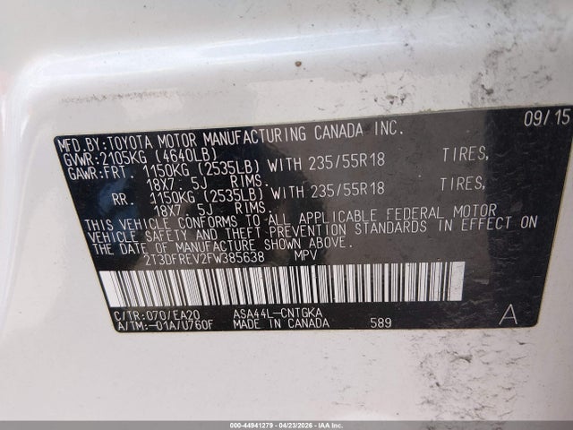 2015 Toyota Rav4 Limited მანქანა იყიდება აუქციონზე, vin: 2T3DFREV2FW385638, აუქციონის ნომერი: 44941279