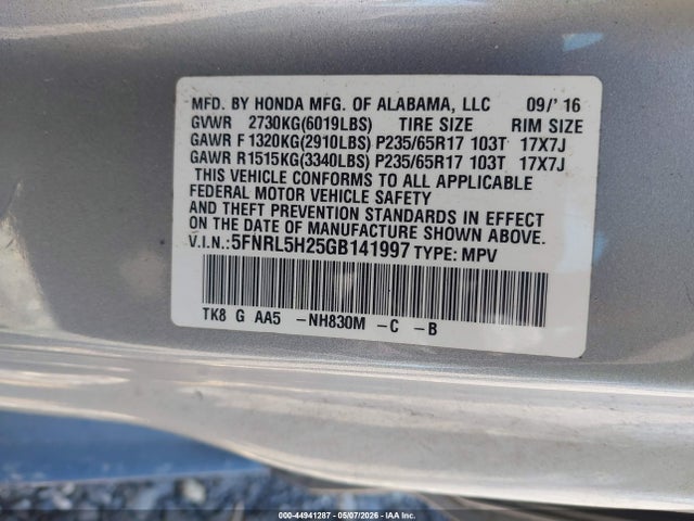 5FNRL5H25GB141997 Honda ODYSSEY LX