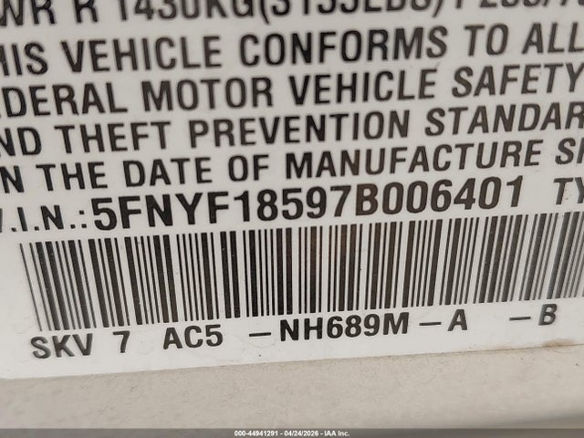 2007 Honda Pilot Ex-l მანქანა იყიდება აუქციონზე, vin: 5FNYF18597B006401, აუქციონის ნომერი: 44941291