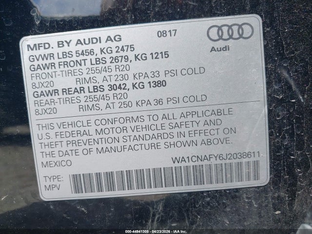 2018 Audi Q5 2.0t Premium/2.0t Tech Premium მანქანა იყიდება აუქციონზე, vin: WA1CNAFY6J2038611, აუქციონის ნომერი: 44941305