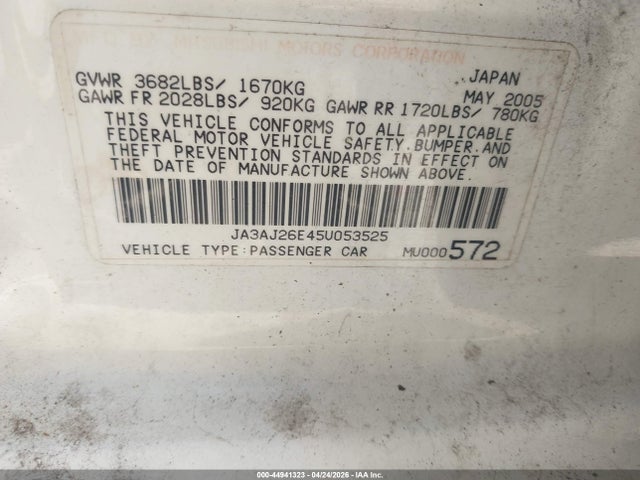 44941323 :رقم المزاد ، JA3AJ26E45U053525 vin ، 2005 Mitsubishi Lancer Es مزاد بيع