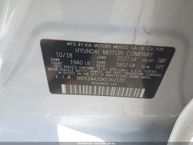 44941329 :رقم المزاد ، 3KPC24A35KE062172 vin ، 2019 Hyundai Accent Se مزاد بيع