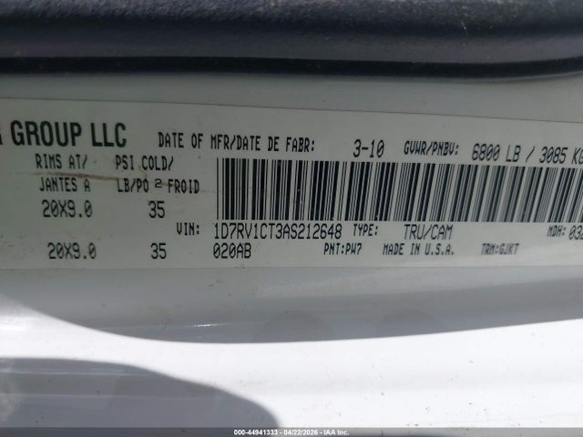 Продажа на аукционе авто 2010 Dodge Ram 1500 Laramie, vin: 1D7RV1CT3AS212648, номер лота: 44941333