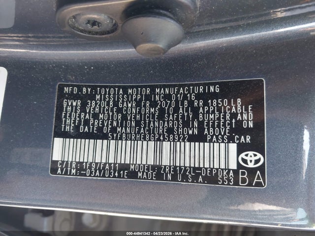 2016 Toyota Corolla L მანქანა იყიდება აუქციონზე, vin: 5YFBURHE8GP458922, აუქციონის ნომერი: 44941342