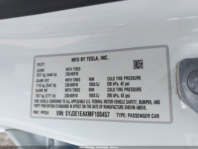Tesla Model 3 Standard Range Plus Rear-wheel Drive 2021 5YJ3E1EAXMF100457 Image 9