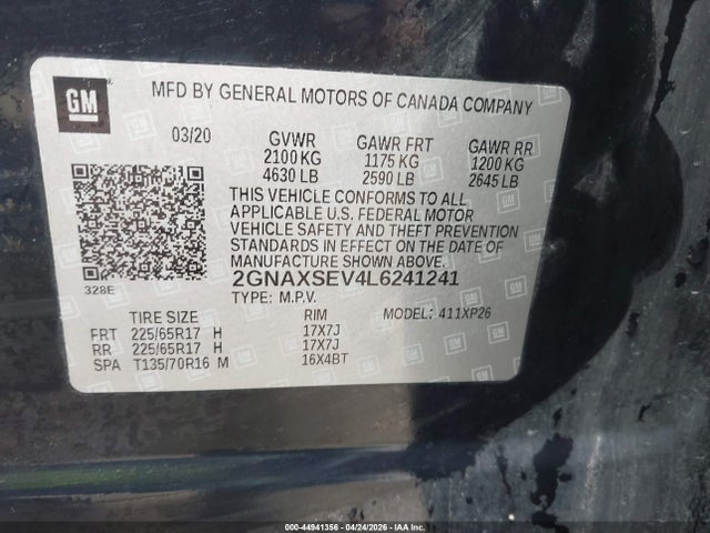 Продаж на аукціоні авто 2020 Chevrolet Equinox Awd Ls, vin: 2GNAXSEV4L6241241, номер лоту: 44941356