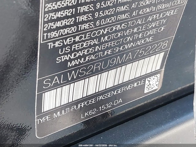 44941361 :رقم المزاد ، SALWS2RU9MA752228 vin ، 2021 Land Rover Range Rover Sport Hst Mhev مزاد بيع