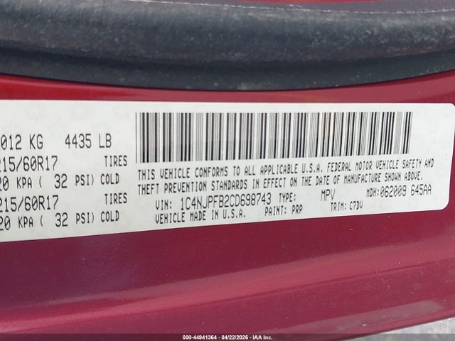 Aukcja sprzedaży 2012 Jeep Patriot Latitude, vin: 1C4NJPFB2CD698743, numer aukcji: 44941364