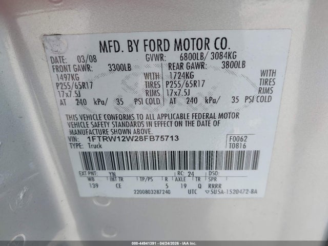 Продаж на аукціоні авто 2008 Ford F-150 60th Anniversary/fx2/xl/xlt, vin: 1FTRW12W28FB75713, номер лоту: 44941391