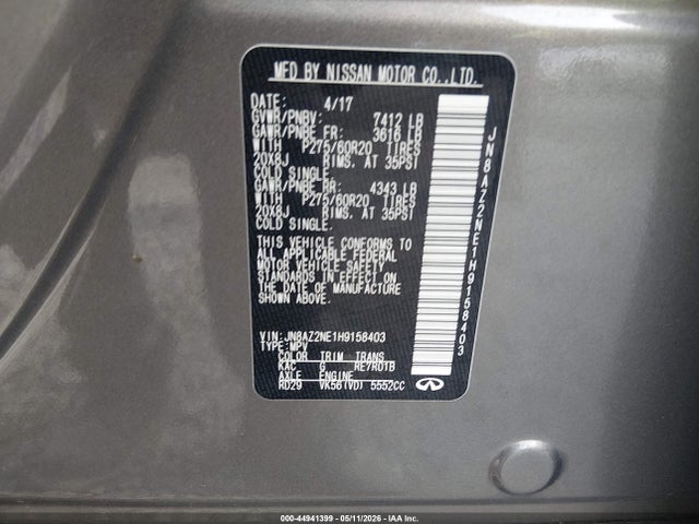 Aukcja sprzedaży 2017 Infiniti Qx80, vin: JN8AZ2NE1H9158403, numer aukcji: 44941399