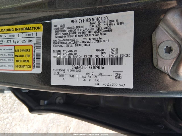 Aukcja sprzedaży 2019 Ford Fusion Se, vin: 3FA6P0HD0KR102016, numer aukcji: 44941401