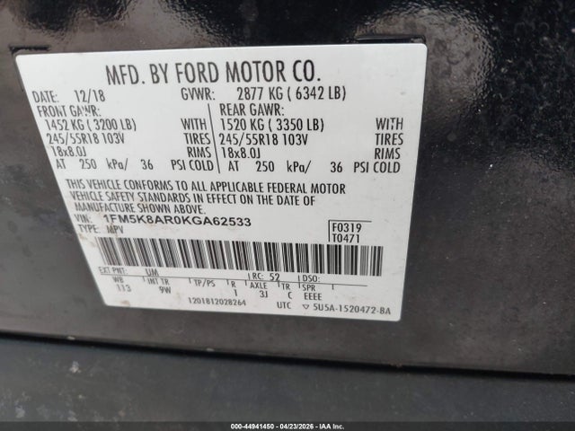 1FM5K8AR0KGA62533 Ford Police Interceptor Utility