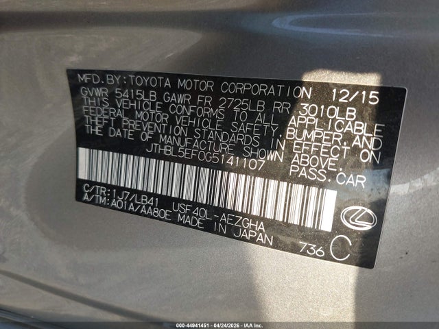 Aukcja sprzedaży 2016 Lexus Ls 460, vin: JTHBL5EF0G5141107, numer aukcji: 44941451