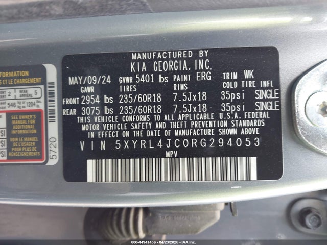 44941456 :رقم المزاد ، 5XYRL4JC0RG294053 vin ، 2024 Kia Sorento S مزاد بيع