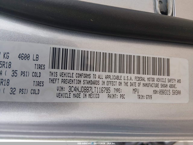 2020 Jeep Compass Altitude 4x4 მანქანა იყიდება აუქციონზე, vin: 3C4NJDBB7LT116795, აუქციონის ნომერი: 44941457