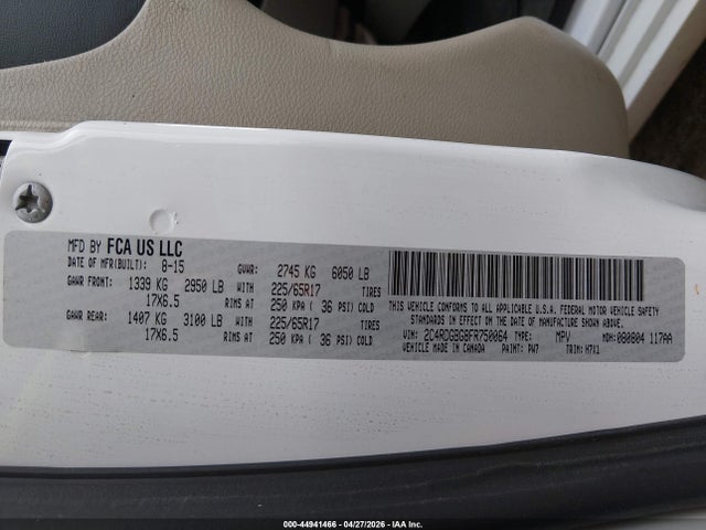 2015 Dodge Grand Caravan Se მანქანა იყიდება აუქციონზე, vin: 2C4RDGBG8FR750064, აუქციონის ნომერი: 44941466