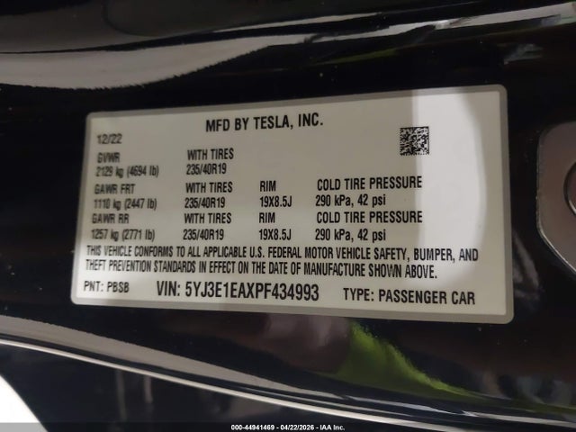 44941469 :رقم المزاد ، 5YJ3E1EAXPF434993 vin ، 2023 Tesla Model 3 Rear-wheel Drive مزاد بيع
