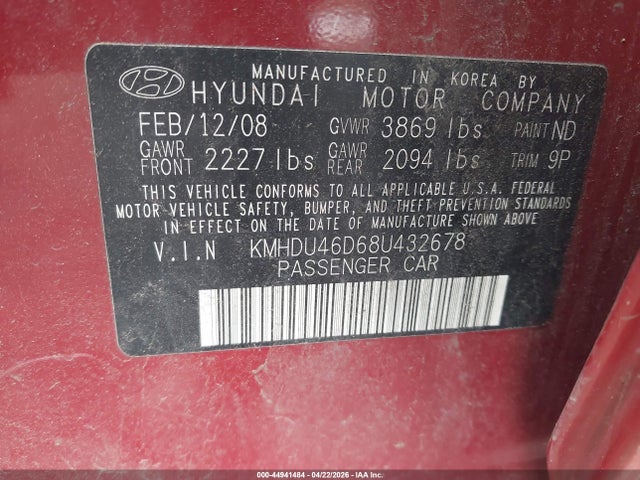 Продажа на аукционе авто 2008 Hyundai Elantra Gls/se, vin: KMHDU46D68U432678, номер лота: 44941484