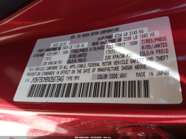 Aukcja sprzedaży 2022 Mazda Cx-5 2.5 S Preferred, vin: JM3KFBCM6N0587949, numer aukcji: 44941486