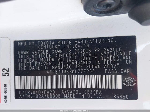 Aukcja sprzedaży 2019 Toyota Camry Se, vin: 4T1B11HK8KU777258, numer aukcji: 44941493