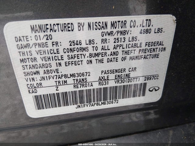 Aukcja sprzedaży 2020 Infiniti Q50 Red Sport 400, vin: JN1FV7AP8LM630672, numer aukcji: 44941495