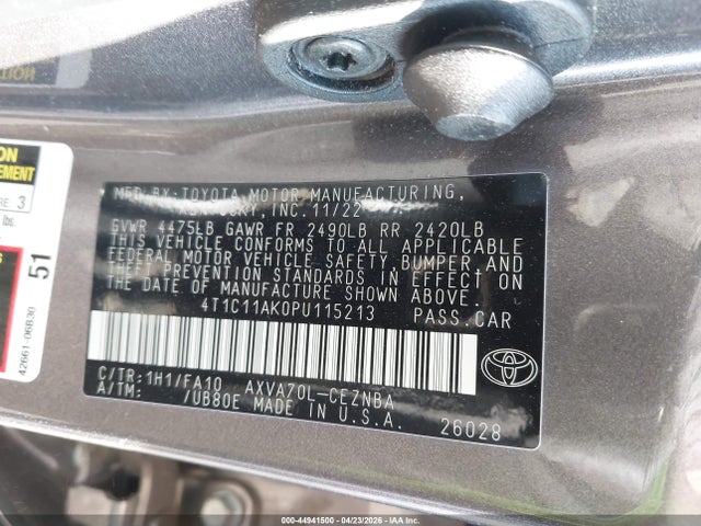 Aukcja sprzedaży 2023 Toyota Camry Le, vin: 4T1C11AK0PU115213, numer aukcji: 44941500