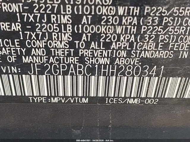 44941501 :رقم المزاد ، JF2GPABC1HH280341 vin ، 2017 Subaru Crosstrek 2.0i Premium مزاد بيع