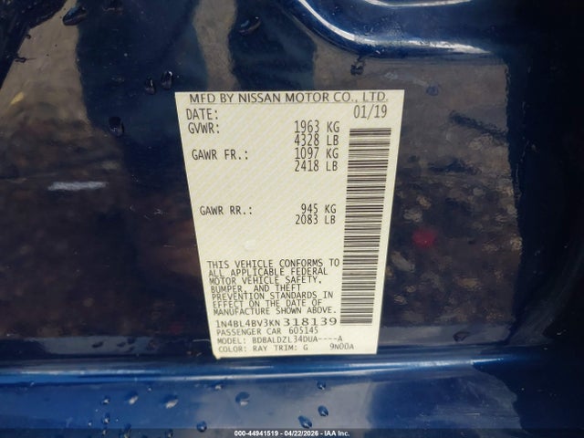 Продаж на аукціоні авто 2019 Nissan Altima 2.5 S, vin: 1N4BL4BV3KN318139, номер лоту: 44941519