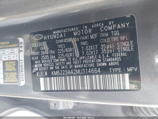 Aukcja sprzedaży 2021 Hyundai Tucson Se, vin: KM8J23A42MU314664, numer aukcji: 44941567