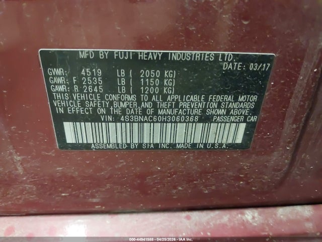 Aukcja sprzedaży 2017 Subaru Legacy 2.5i Premium, vin: 4S3BNAC60H3060368, numer aukcji: 44941588