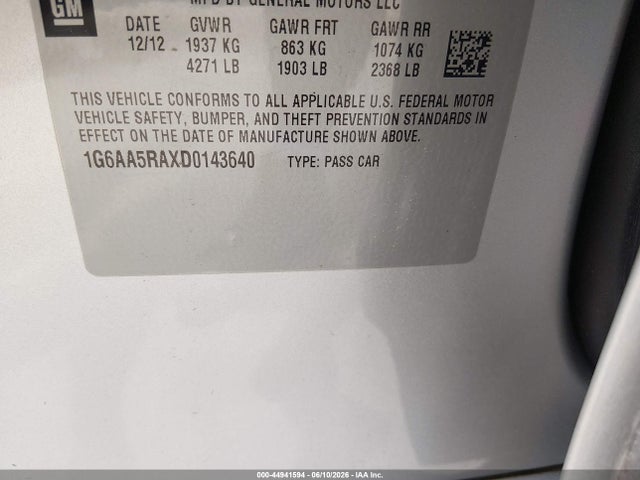 44941594 :رقم المزاد ، 1G6AA5RAXD0143640 vin ، 2013 Cadillac Ats Standard مزاد بيع