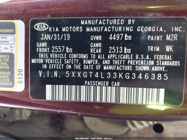 44941601 :رقم المزاد ، 5XXGT4L33KG346385 vin ، 2019 Kia Optima Lx مزاد بيع