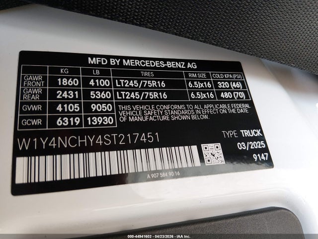 44941602 :رقم المزاد ، W1Y4NCHY4ST217451 vin ، 2025 Mercedes-benz Sprinter 2500 High Roof 4-cyl Diesel Ho مزاد بيع