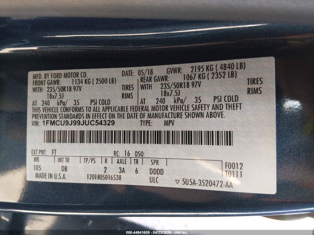 44941609 :رقم المزاد ، 1FMCU9J99JUC54329 vin ، 2018 Ford Escape Titanium مزاد بيع