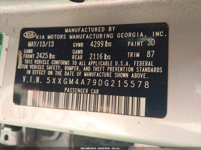 2013 Kia Optima Lx მანქანა იყიდება აუქციონზე, vin: 5XXGM4A79DG215578, აუქციონის ნომერი: 44941616