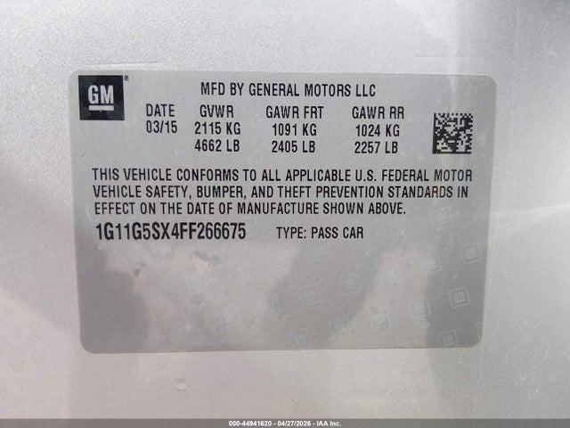 44941620 :رقم المزاد ، 1G11G5SX4FF266675 vin ، 2015 Chevrolet Malibu 2lz مزاد بيع