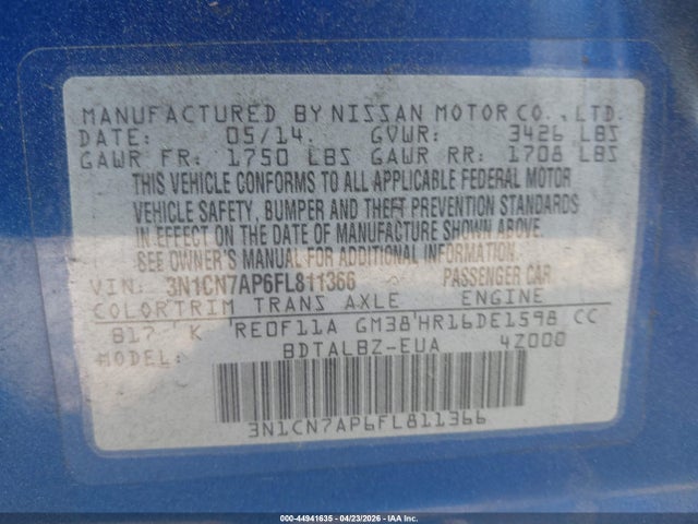 2015 Nissan Versa 1.6 S/1.6 S+/1.6 Sl/1.6 Sv მანქანა იყიდება აუქციონზე, vin: 3N1CN7AP6FL811366, აუქციონის ნომერი: 44941635