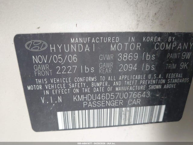 Продажа на аукционе авто 2007 Hyundai Elantra Gls/limited/se, vin: KMHDU46D57U076643, номер лота: 44941677