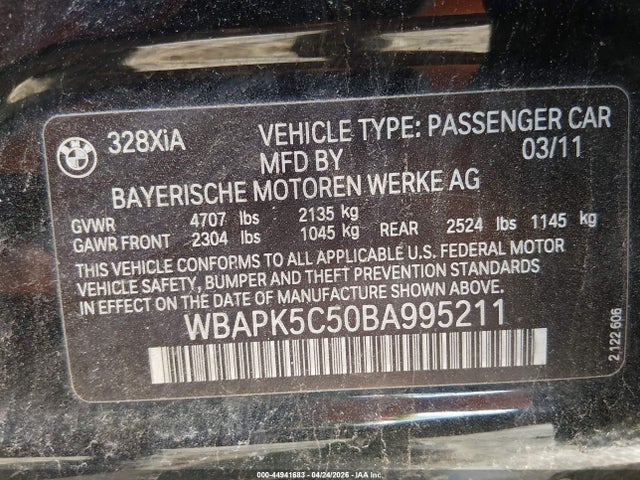 Aukcja sprzedaży 2011 Bmw 328i Xdrive, vin: WBAPK5C50BA995211, numer aukcji: 44941683
