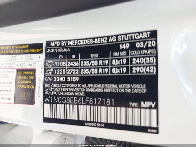 44941690 :رقم المزاد ، W1N0G8EB6LF817181 vin ، 2020 Mercedes-benz Glc 300 4matic مزاد بيع