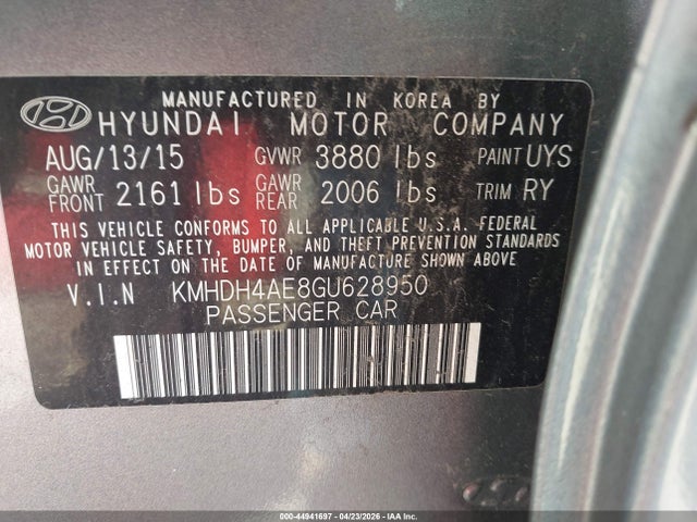 44941697 :رقم المزاد ، KMHDH4AE8GU628950 vin ، 2016 Hyundai Elantra Value Edition مزاد بيع
