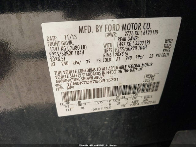 2014 Ford Explorer Xlt მანქანა იყიდება აუქციონზე, vin: 1FM5K7D87EGB15701, აუქციონის ნომერი: 44941698