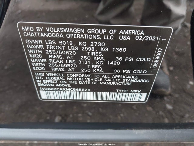 1V2BR2CAXMC565826 Volkswagen Atlas 3.6l V6 Sel