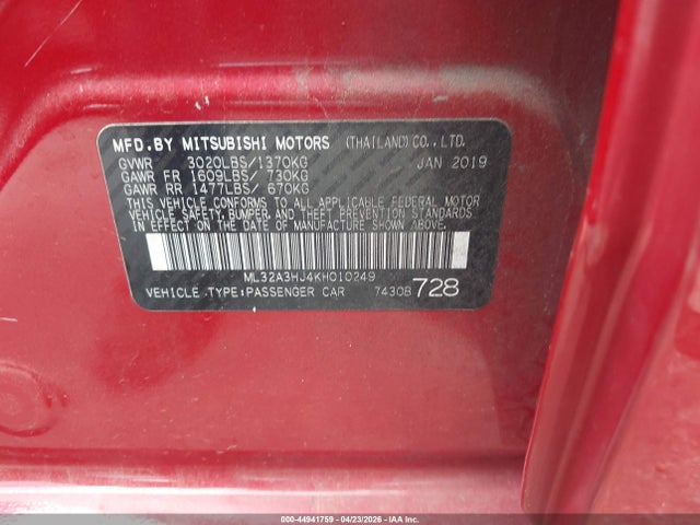Продаж на аукціоні авто 2019 Mitsubishi Mirage Es, vin: ML32A3HJ4KH010249, номер лоту: 44941759